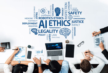 This image explores the crucial themes of AI ethics, highlighting trust, accountability, and the...