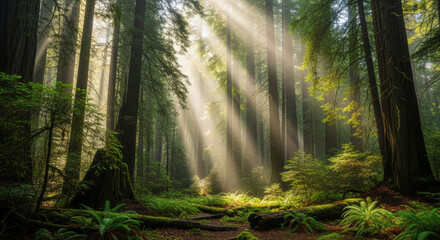 Obraz premium Sunlight streams through a dense forest, creating an ethereal and serene atmosphere. The scene evokes a sense of peace and the beauty of nature.