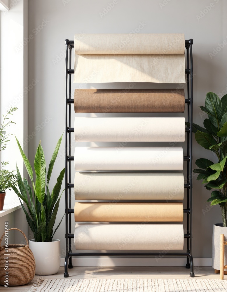 Poster shade cloth roll rack displaying various colors in a nursery setting