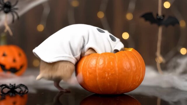 Adorable Hamster in Ghost Costume Exploring a Pumpkin - A cute hamster, dressed in a tiny ghost costume, playfully investigates a small, hollowed-out pumpkin.