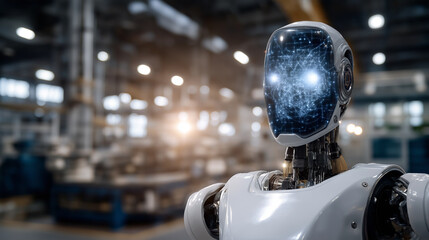 Fototapeta premium Digital Face Robot in a Smart Factory Setting