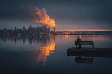 Lone figure on a waterfront bench watching a city skyline with dramatic orange smoke at dusk