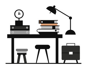 Desk setup with books lamp briefcase and stools silhouette isolated on white background