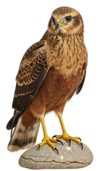 Western Marsh Harrier (Circus aeruginosus), a majestic raptor with brown and tawny plumage, on a rock. PNG with transparent background