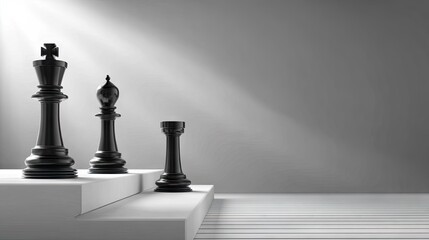 Three black chess pieces on a white step platform.