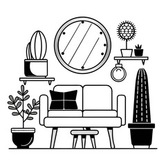 Modern living room scene with sofa plants and mirror silhouette isolated on white background