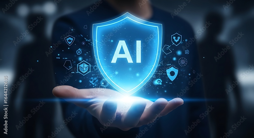 Poster person holding a glowing ai shield with digital data streams and icons representing security and tec