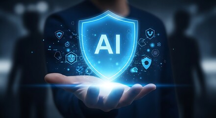 Person holding a glowing ai shield with digital data streams and icons representing security and technology