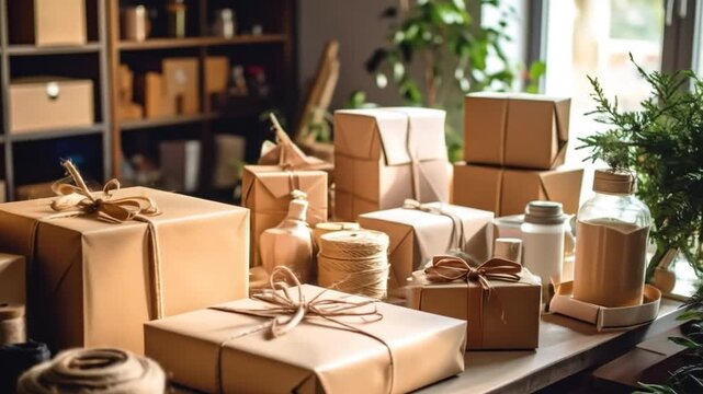 Wrapped gifts, craft supplies, and a cozy workspace