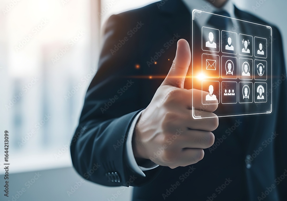 Aufkleber businessman gives a thumbs up while interacting with a digital interface displaying employee profile