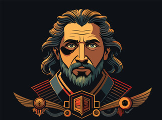 Stylized portrait of a bearded man with intense eyes and ornate collar