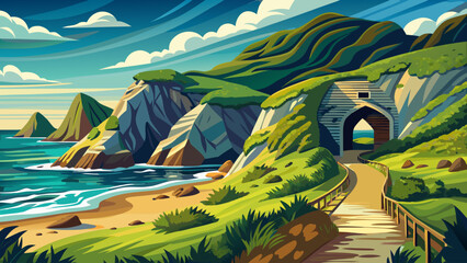 Golden cliffs rise above the shimmering sea along the hiking trail to Tunnel Beach, Dunedin, New Zealand, where rugged paths lead through windswept grass toward a secluded natural arch.