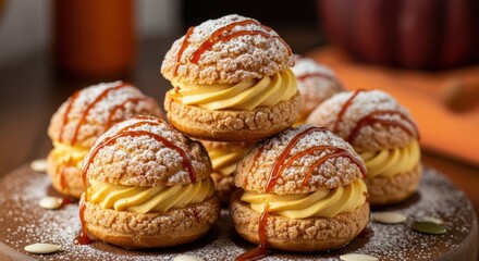 Delicious Cream Puffs Filled With Pumpkin Spice Cream Topped With Caramel Drizzle