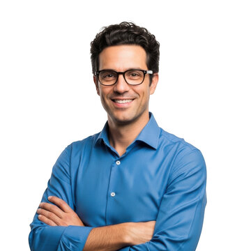 Smiling middle aged man with glasses and crossed arms wearing a blue collared shirt isolated on transparent background