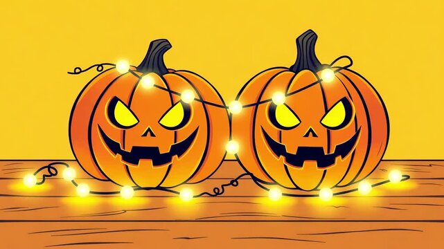 Two jack o lanterns, cartoon vector style. Garland decorates two scary pumpkins, halloween concept, card for autumn holiday
