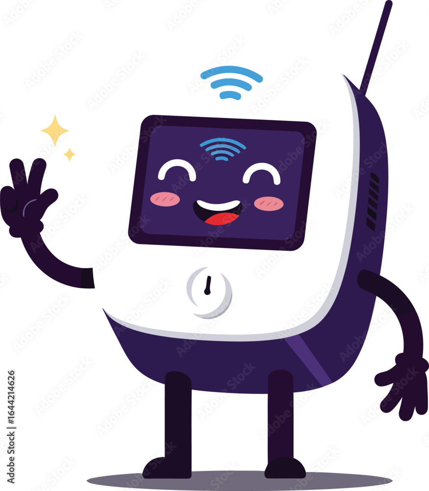 Poster cute friendly robot waving hand with smiling face and wifi signal vector illustration