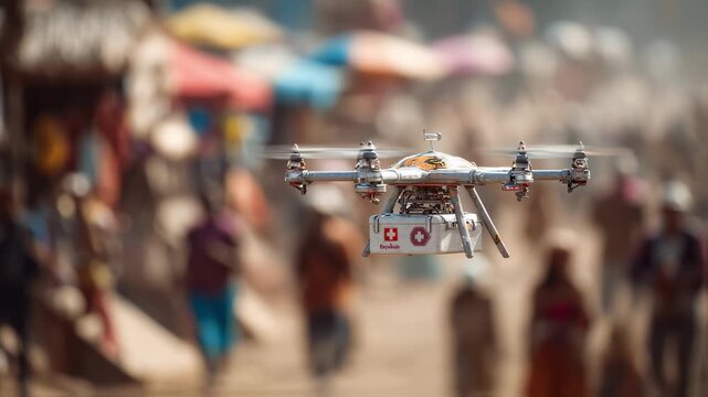 Captured in medium shot a drone hovers closely delivering a compact emergency medkit with the lively yet blurred festival environment emphasizing precision and urgency.