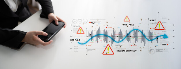 Economic caution visual showing risk alerts and financial volatility. Warning signs highlight...