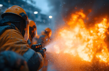 Firefighters training with fire extinguishers. Spray water to extinguish flames. Smoke billows. Safety helmets, protective uniforms. Fire safety learning, practice. Preventative measures for