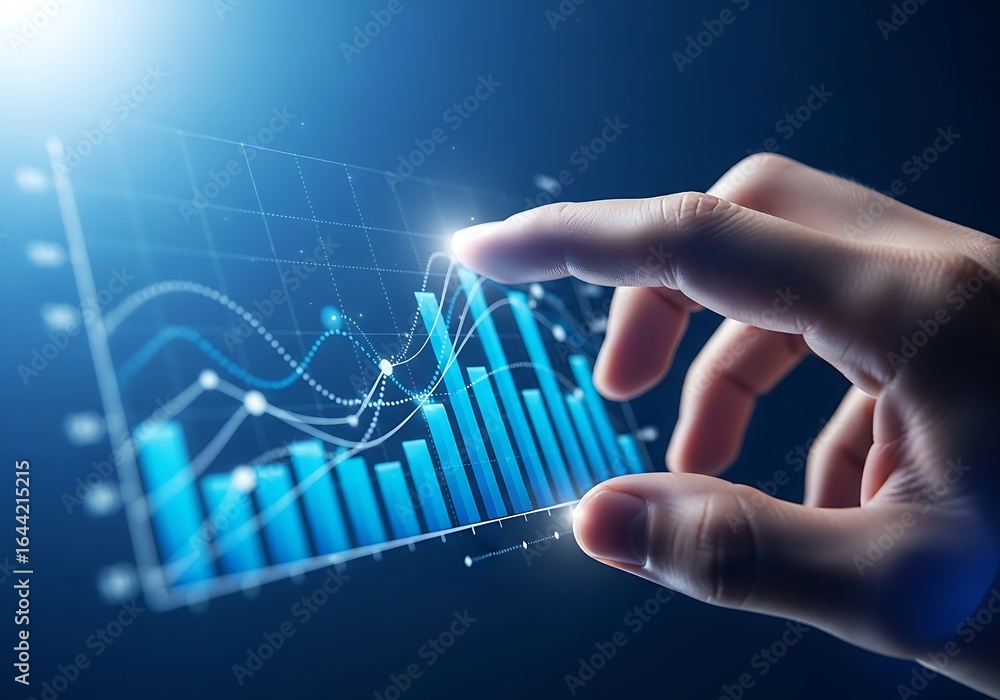 Poster hand interacting with a glowing futuristic digital financial data graph displaying upward trends and