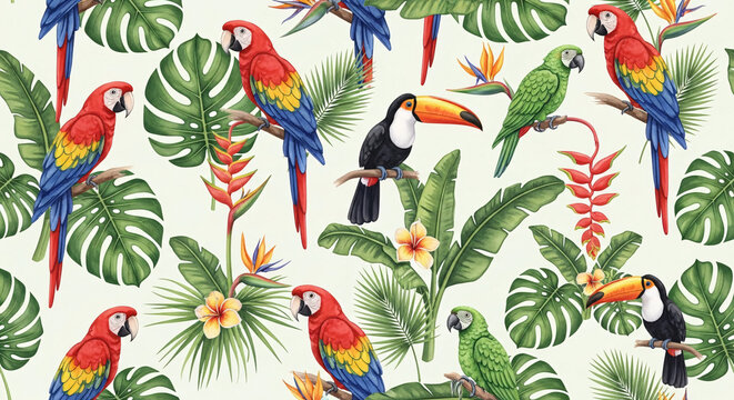 Tropical birds seamless pattern with parrots, toucans, and exotic flowers on green monstera and palm leaves, vibrant watercolor jungle illustration for fabric and wallpaper design
