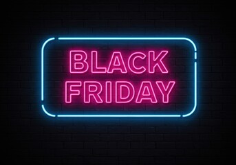 Obraz premium The words 'Black Friday' glow brightly in neon on a dark brick wall.