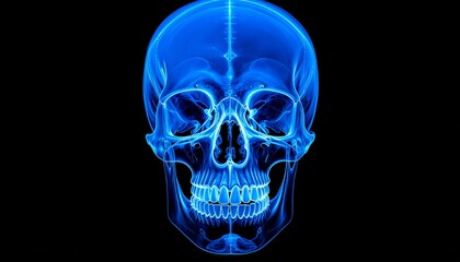 High-resolution medical x-ray image of the human skull showing detailed bone structure, cranium, jaw, and teeth anatomy in black and white for diagnostic, forensic, and educational purposes