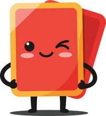 Red Playing Card Character Winking Cute Cartoon Style Vector Illustration with Yellow Border 