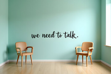 photo of two wooden chairs in a room with a teal green wall, "we need to talk" text overlaying the image, wooden floor, minimalist, cozy, intimate setting, digital art