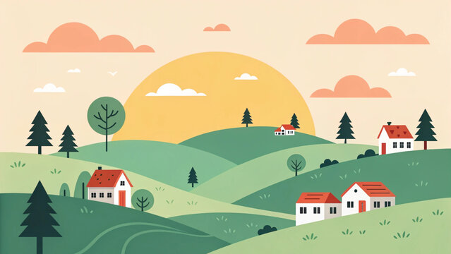 Charming village nestled in rolling green hills at sunrise