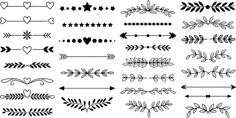 Hand drawn dividers, vintage borders heart arrow. Hand-drawn ornamental winter dividers, leaf divider editable icons vector illustration