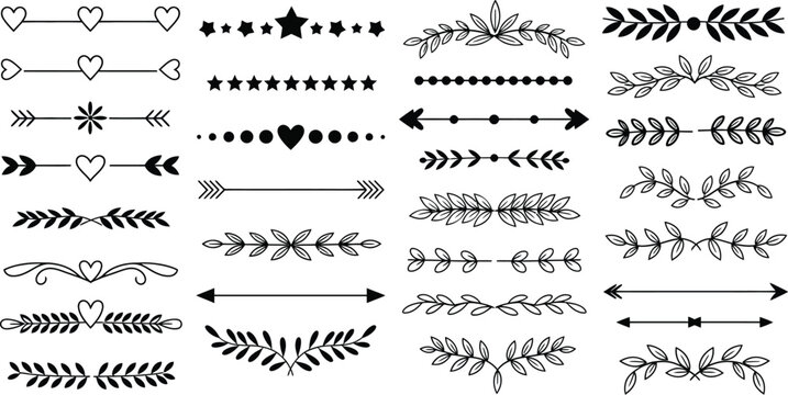 Hand drawn dividers, vintage borders heart arrow. Hand-drawn ornamental winter dividers, leaf divider editable icons vector illustration