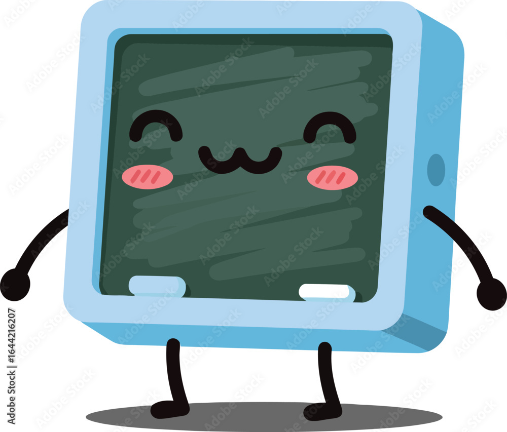 Poster cute smiling cartoon computer monitor with blue frame and cheerful expression vector illustration