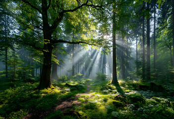 Obraz premium Beautiful sunny morning in green forest