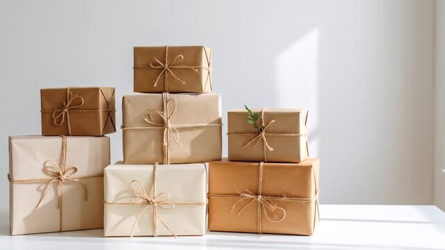 Neatly Stacked Array of Neutral Colored Wrapped Gifts with Ribbons and String on White Table Top with Soft Lighting Against a White Background