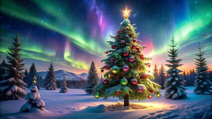 Photo of a beautifully decorated christmas tree stands tall in a snowy landscape under the magical glow of the aurora borealis and starry night sky