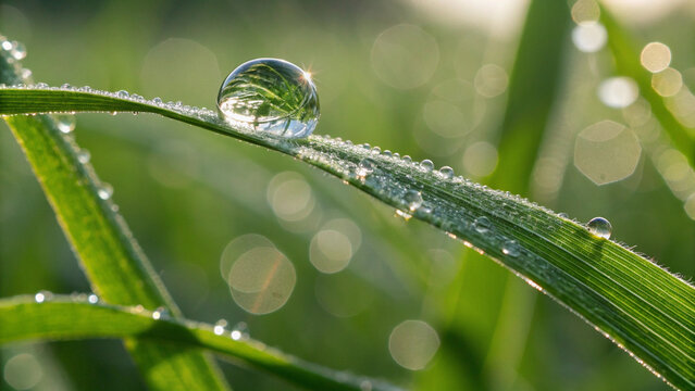 Close up of a dewdrop on a blade of green grass with bokeh background
