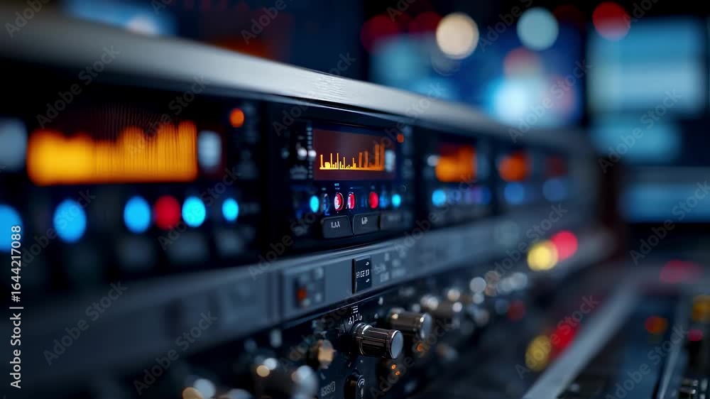 Poster closeup medium shot of a sleek satellite ip gateway panel displaying network activity lights with th