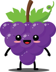 Cute smiling grape character with green leaves and brown stem in cartoon style vector illustration 