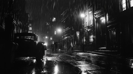 A noir-inspired black and white rainy street at night