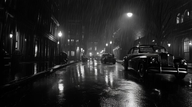 Fototapeta A noir-inspired black and white rainy street at night