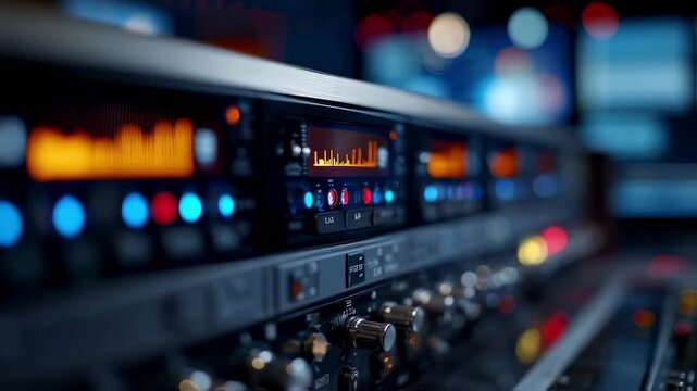 Closeup medium shot of a sleek satellite IP gateway panel displaying network activity lights with the surrounding broadcast equipment softly blurred highlighting lowlatency OTT