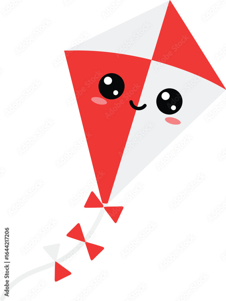 Poster cute red and white kite with smiling face and triangular tail flying vector illustration