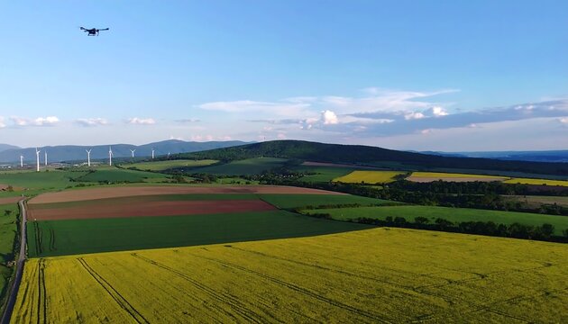 Drone Surveying Colorful Agricultural Fields and Wind Turbines