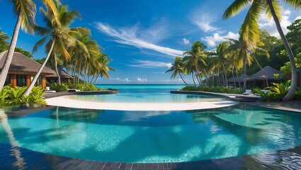 Tropical resort swimming pool and ocean view for vacation travel destination and holiday getaway spot on transparent background