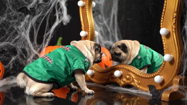 Confused Pug in Frankenstein Costume at Halloween - A cute pug dog, dressed in a green Frankenstein costume, looks puzzled at its reflection in a funhouse mirror.