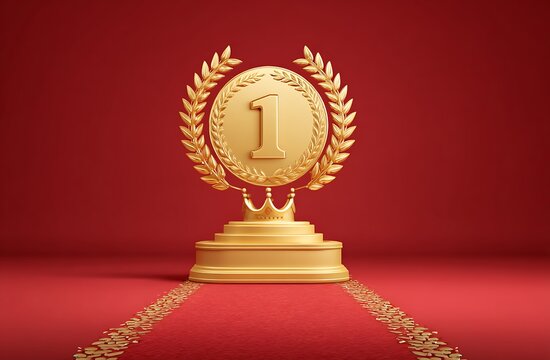 Golden first place trophy on a red carpet with laurel wreath