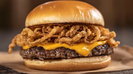 A savory burger layered with gooey cheddar cheese and crunchy fried onions, offering the perfect blend of textures.