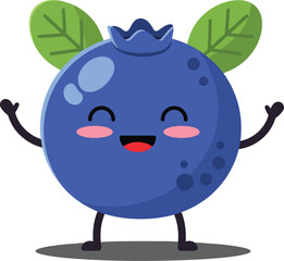 Happy smiling blueberry character with green leaves and arms in cute cartoon style vector illustration 