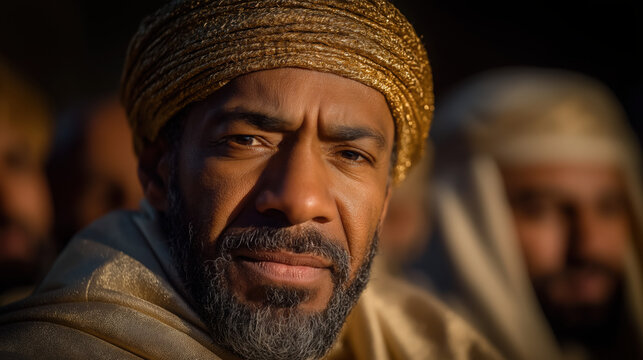 King Solomon&rsquo;s golden throne room shines as he, a wise Middle Eastern ruler with olive skin, receives foreign envoys bearing gifts in a grand audience.biblical story․.